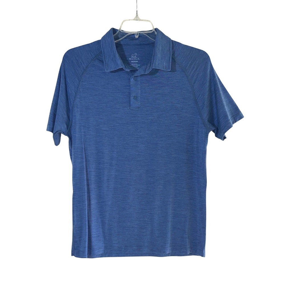 Woolx Polo Shirt Men Size M Blue Merino Wool Blend Short Sleeve Raglan Heathered